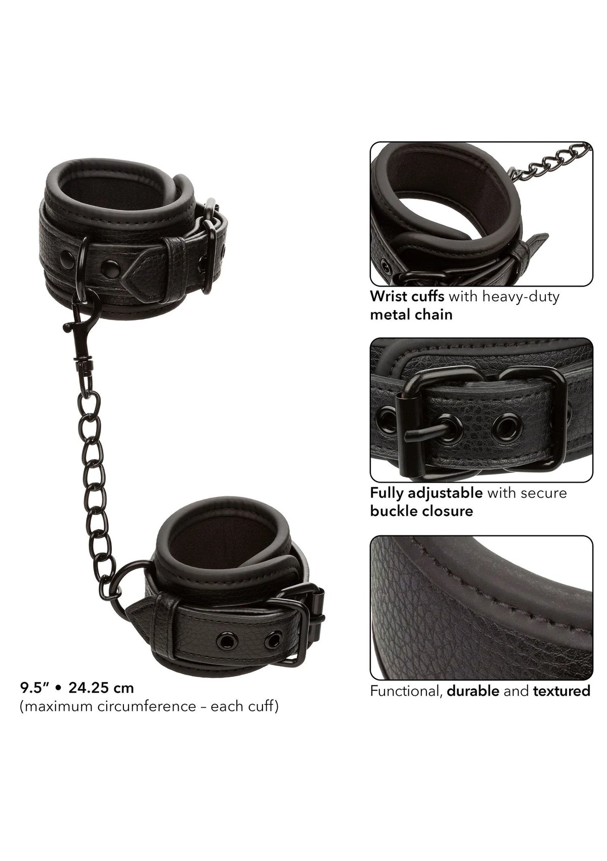 CalExotics polsboeien van zwart leerlook met zware metalen gespen en ketting
