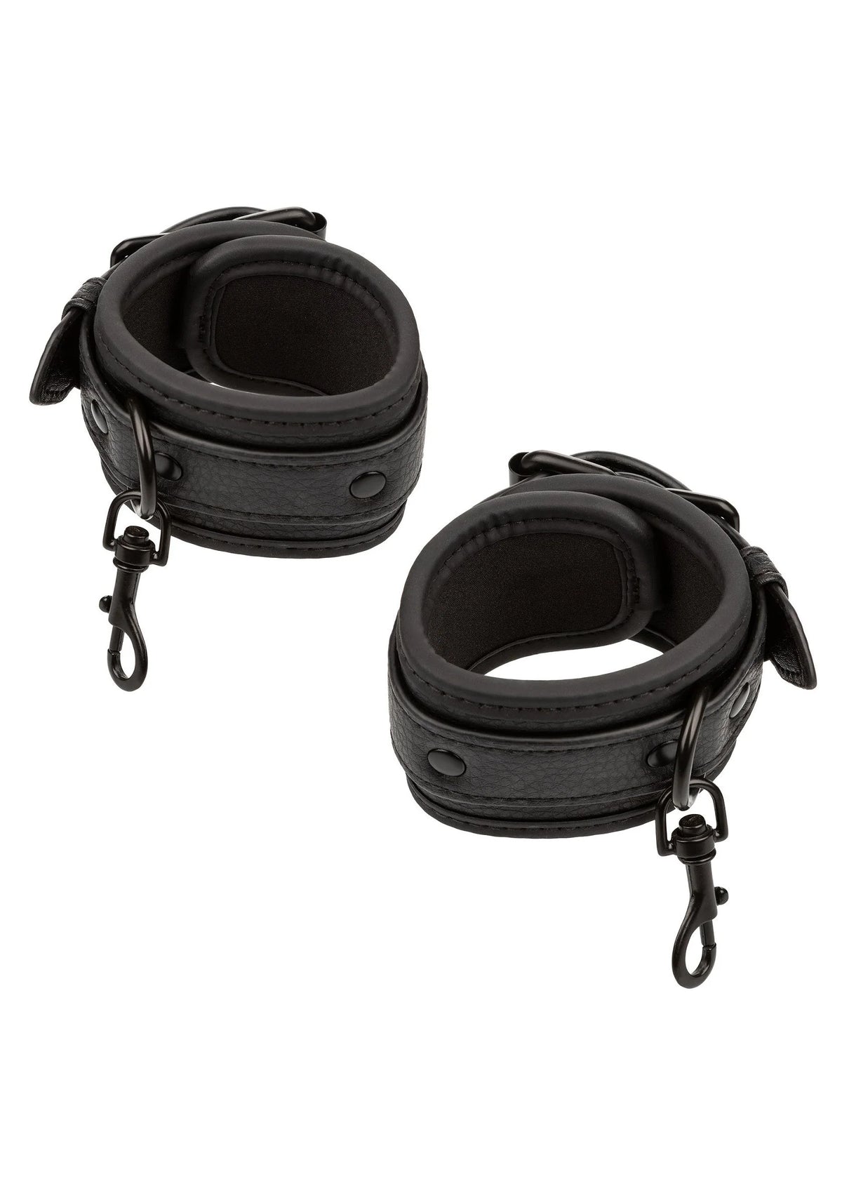 Zwarte hog tie boeien met leren-look kappen en metalen karabijnsluitingen