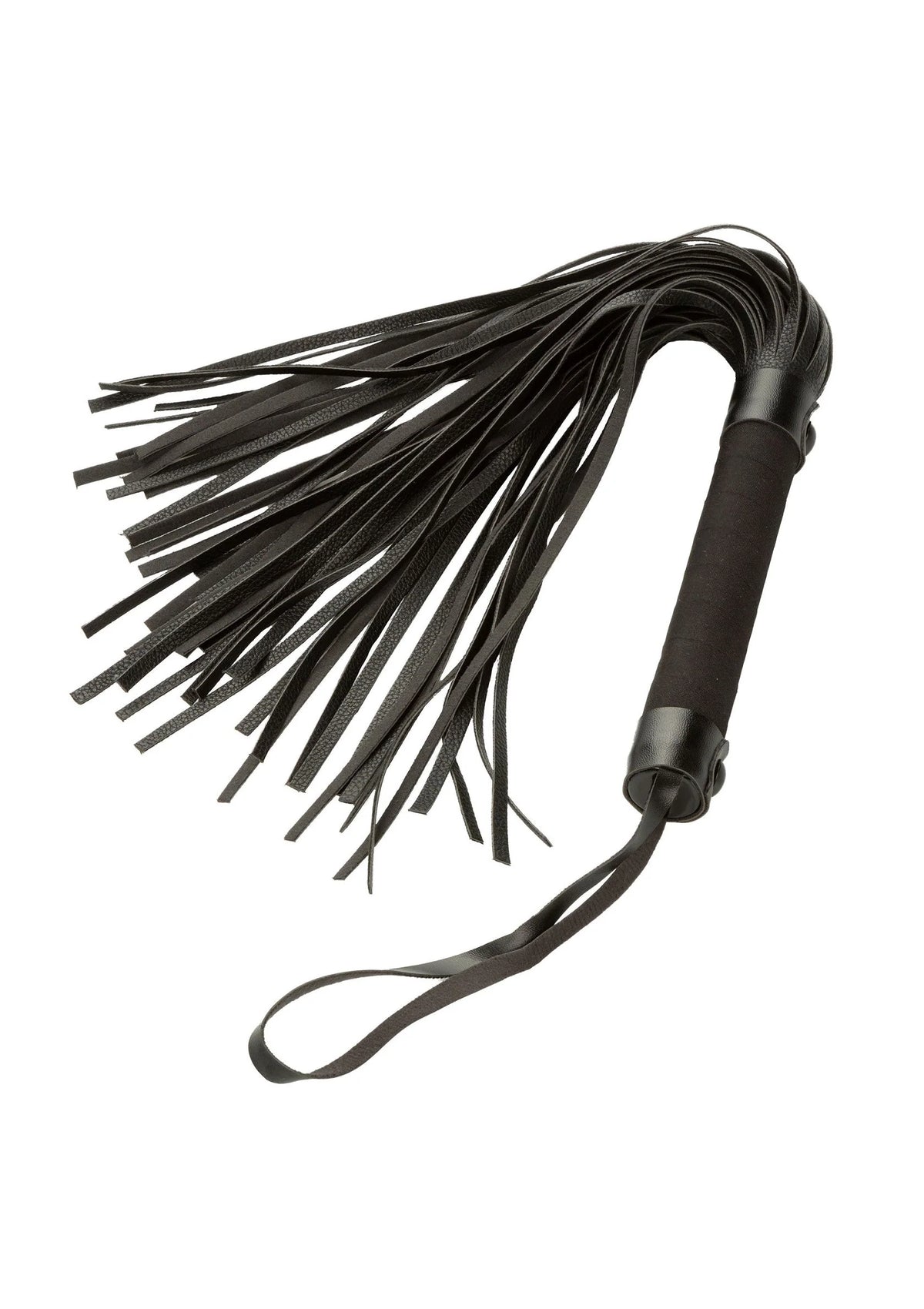 Zwarte flogger met lange franjes en leren handvat; draaglus bevestigd.