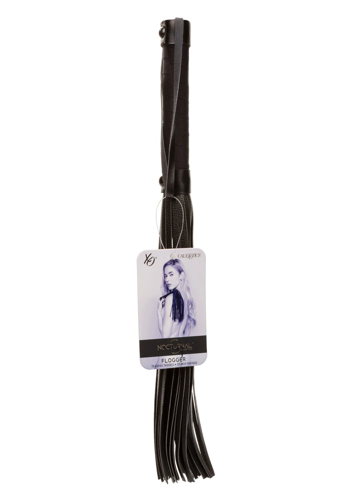 Zwarte flogger met lange franjes en bandgreep