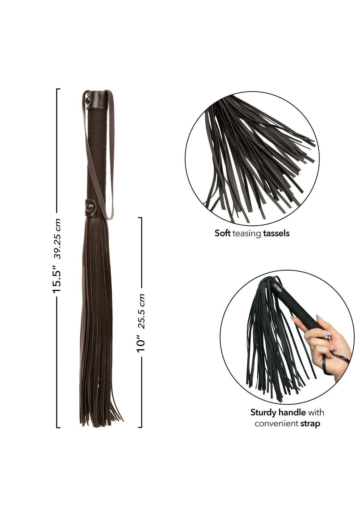 Zwarte flogger met franjes en stevige bandgreep