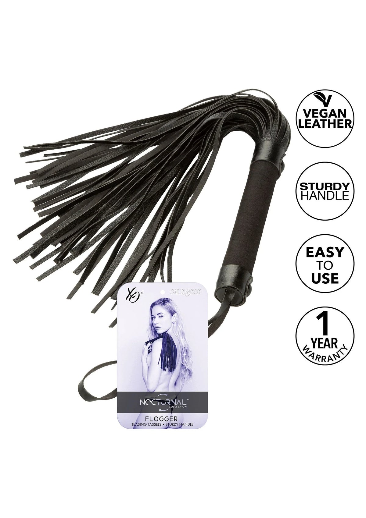 Zwarte flogger met vegan leren handgreep en franjes