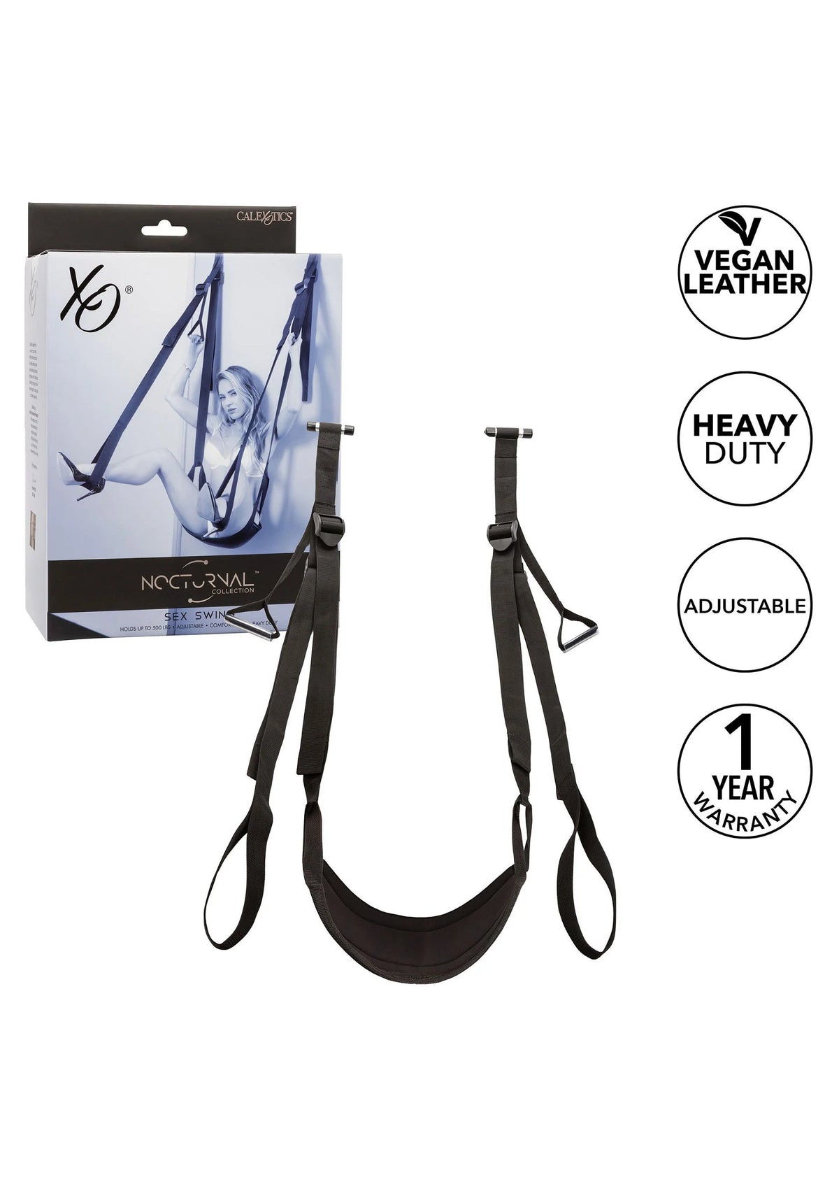 Zwarte seksswing set in verpakking met labels vegan leather, heavy duty, verstelbaar en 1 jaar