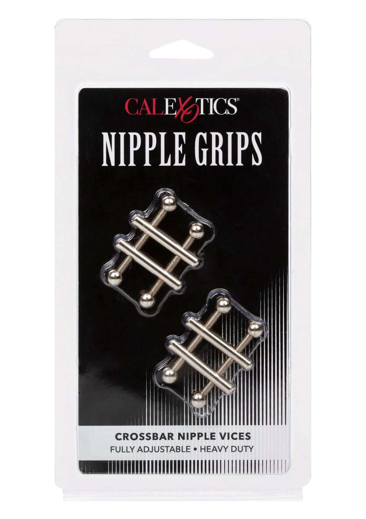 Verpakking met CalExotics Nipple Grips en zilverkleurige crossbar nippelvices
