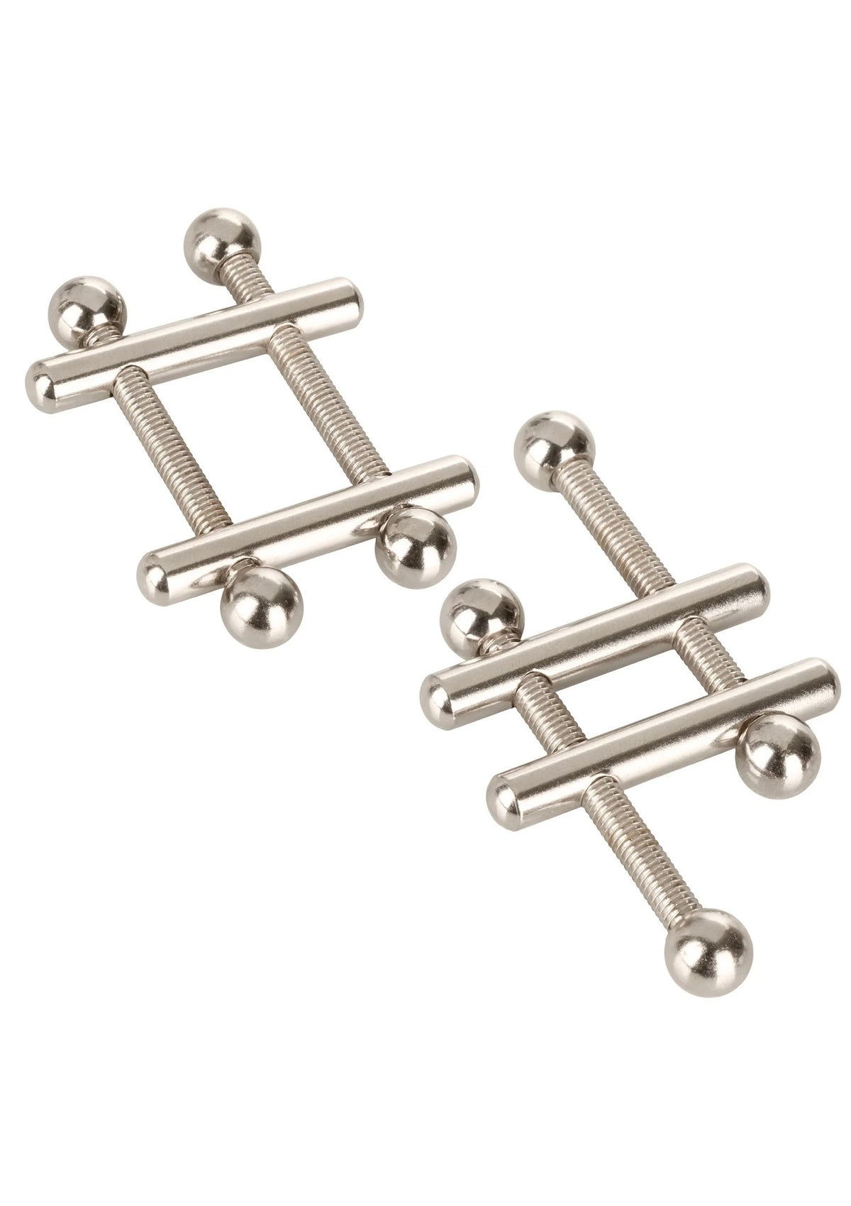 Twee zilverkleurige crossbar nippelvices met vier bolknoppen per item