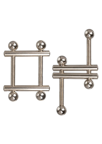 Twee crossbar nippelvices met zilverkleurige balk en vier ronde schroefknoppen