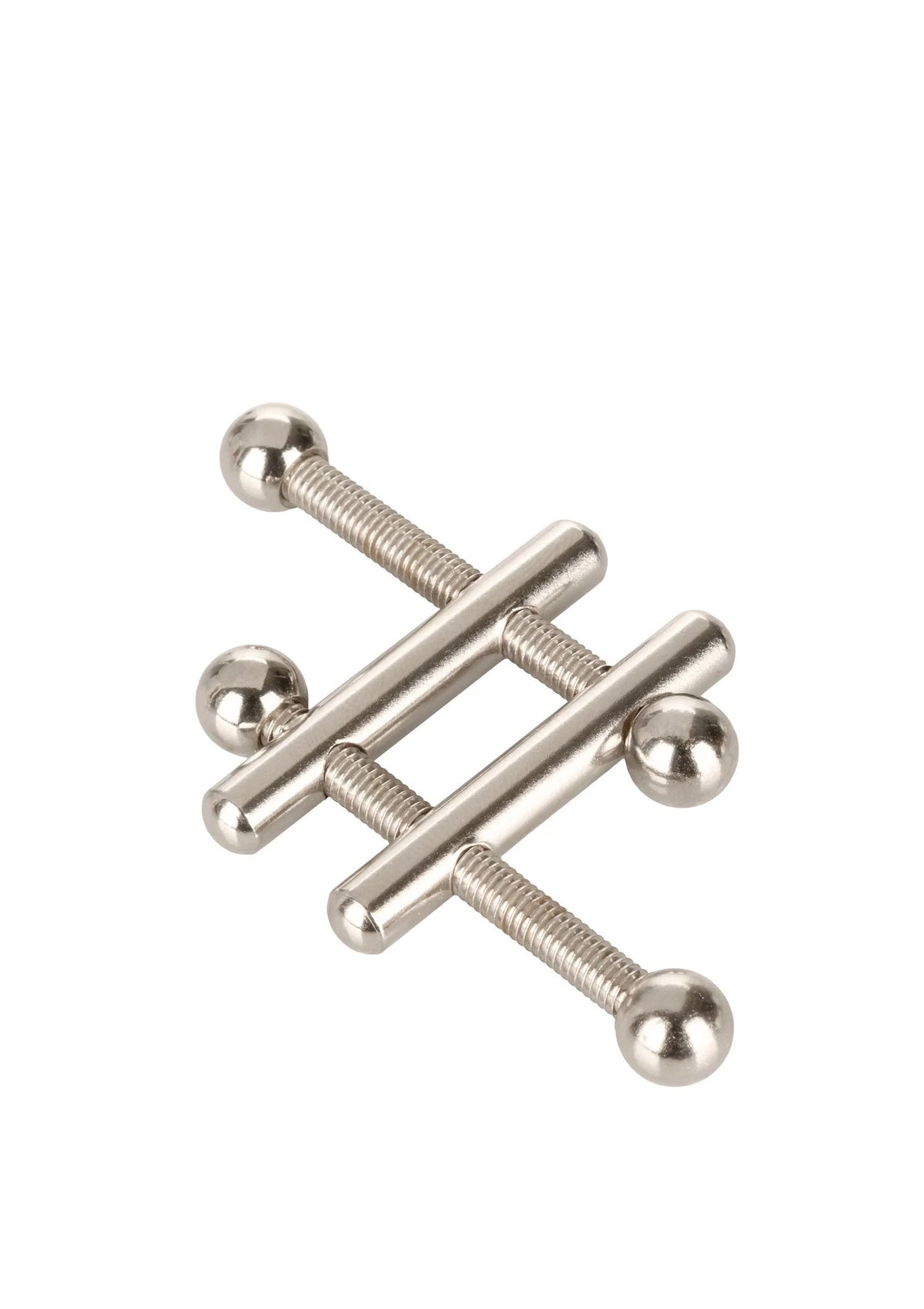 Zilverkleurige crossbar nippelvices met vier ronde knoppen en verstelbare schroeven