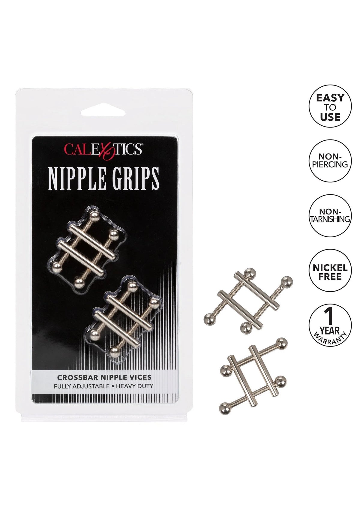 Verpakking met CalExotics Nipple Grips, crossbar nippelvices met zilverkleurige details