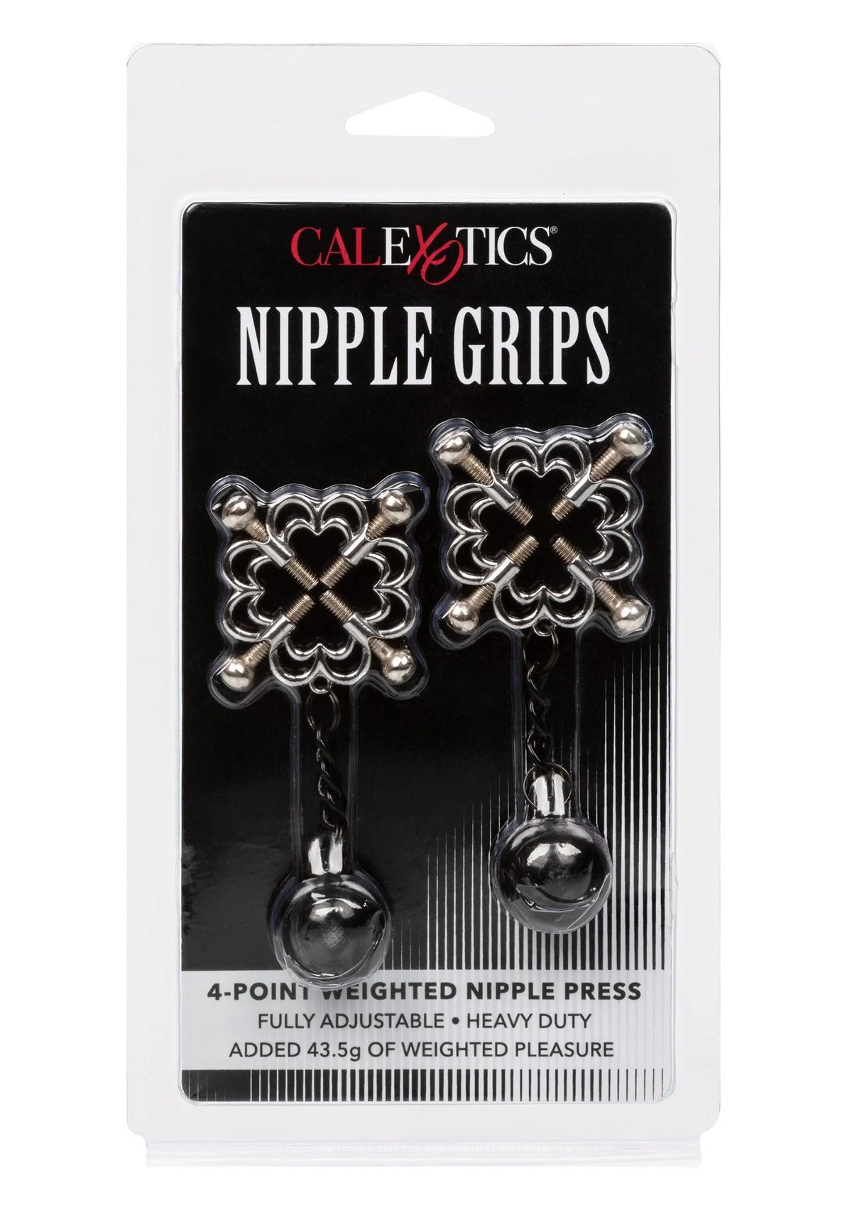 CalExotics Nipple Grips blisterverpakking met zilveren nippelgrijpers en zwarte bolgewichten
