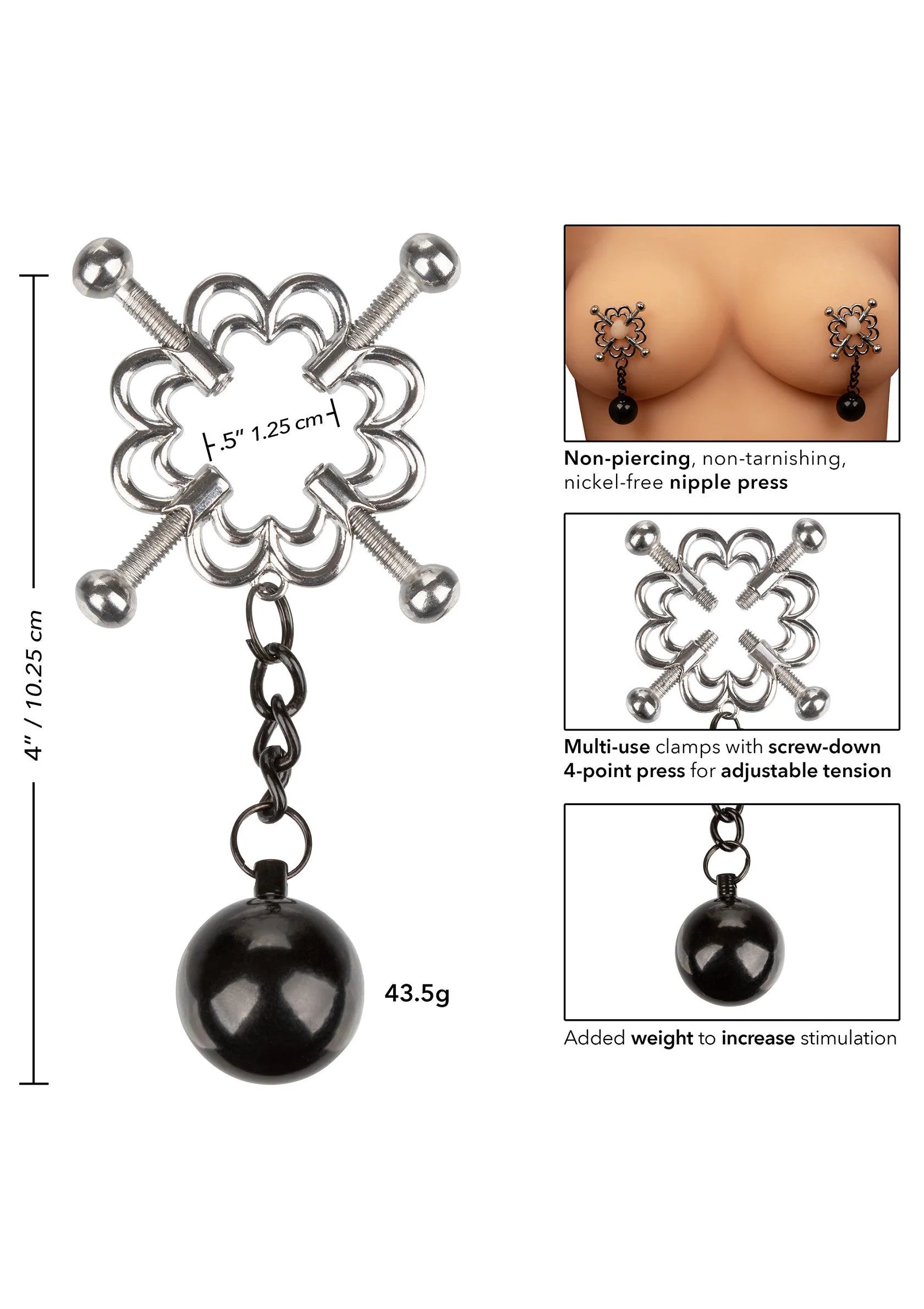 4-punts gewogen tepelklem CalExotics: metalen klem met zwarte gewichtsbal en ketting