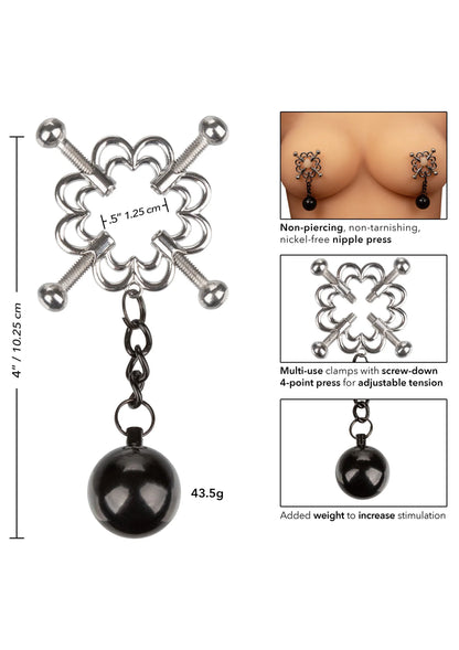 4-punts gewogen tepelklem CalExotics: metalen klem met zwarte gewichtsbal en ketting
