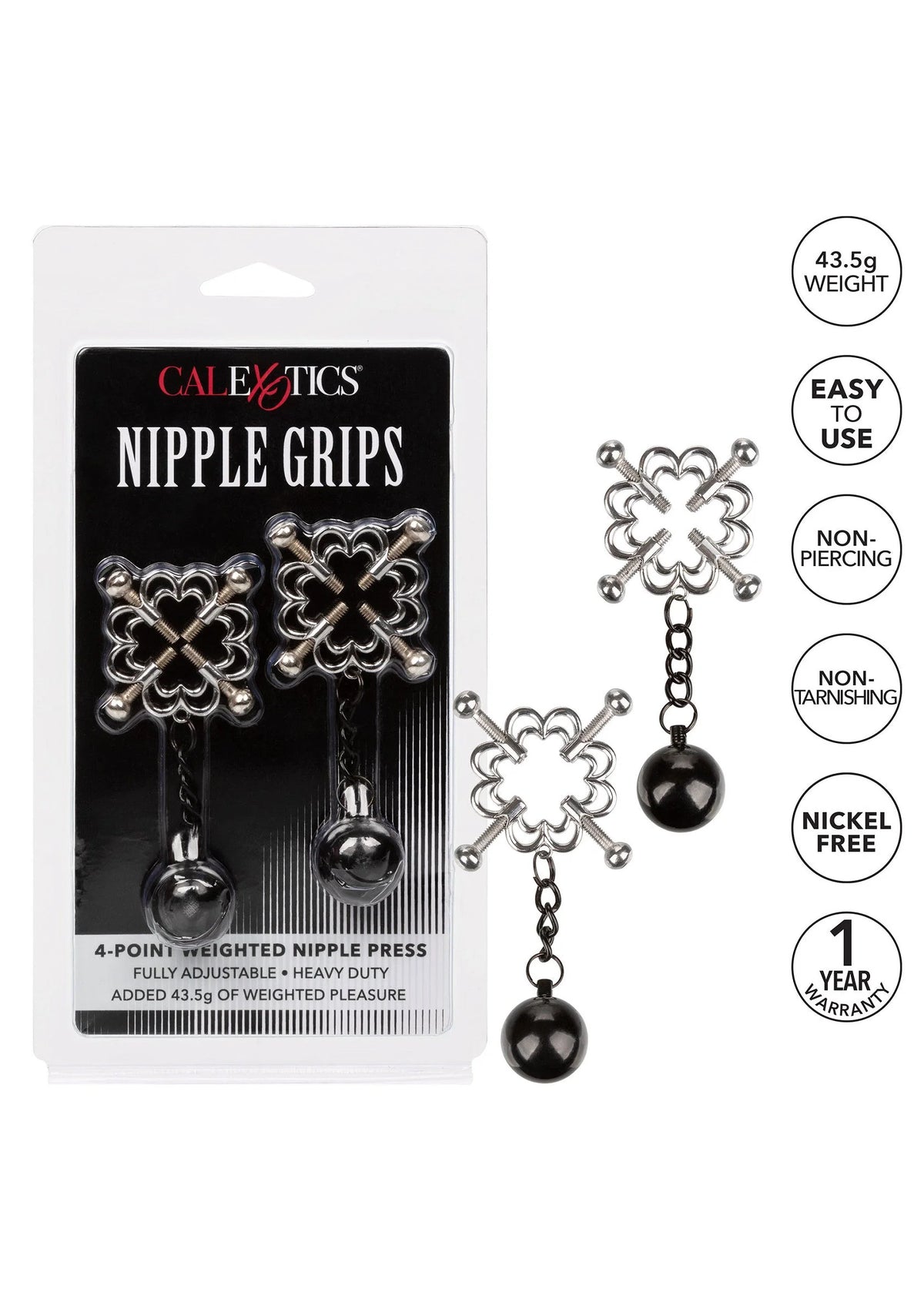 4-punts gewogen tepelklem CalExotics in verpakking, met metalen klem en ketting met bal