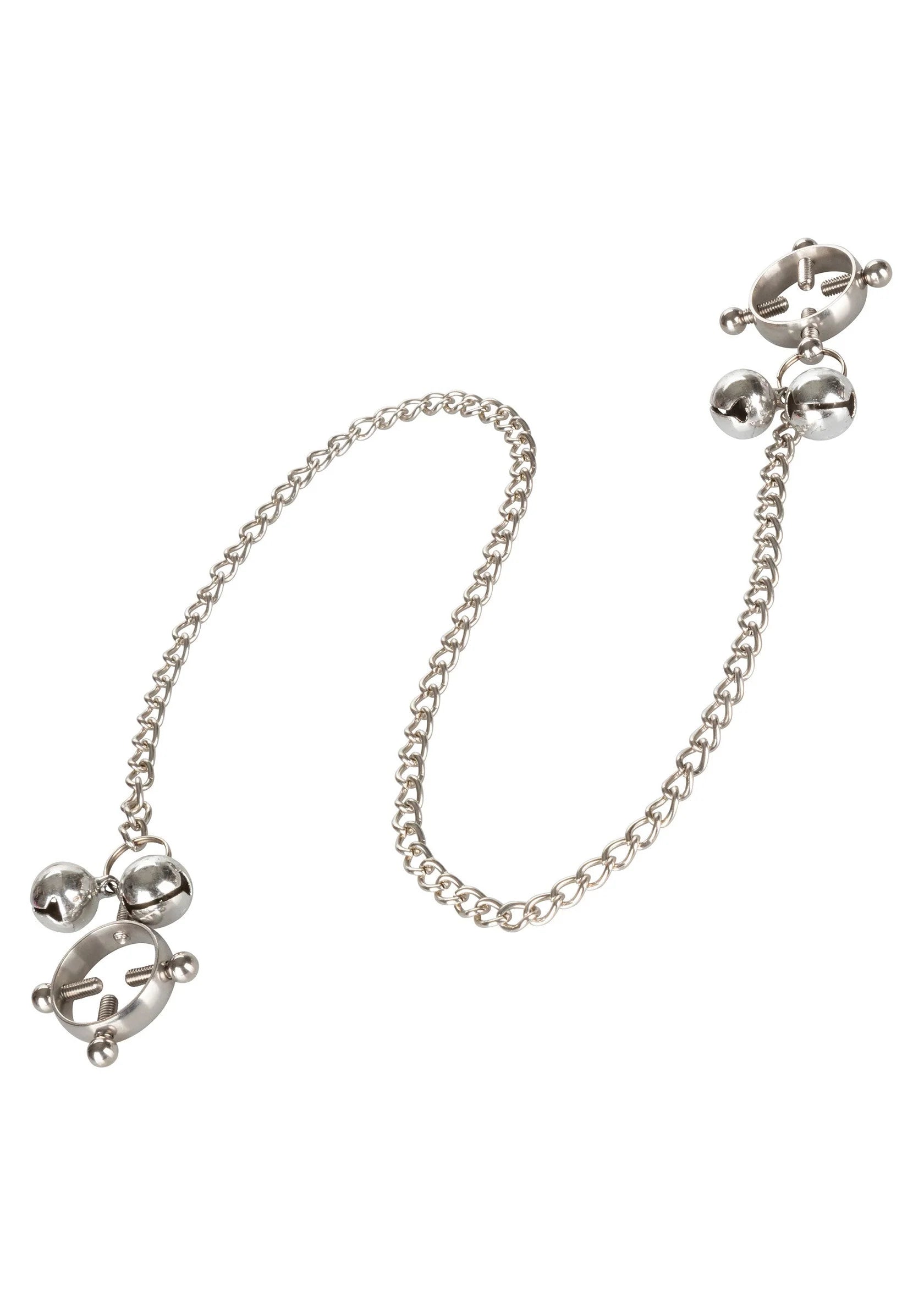 Nippelklemmen met belletjes en zilverkleurige ketting, hangende metalen klemmen