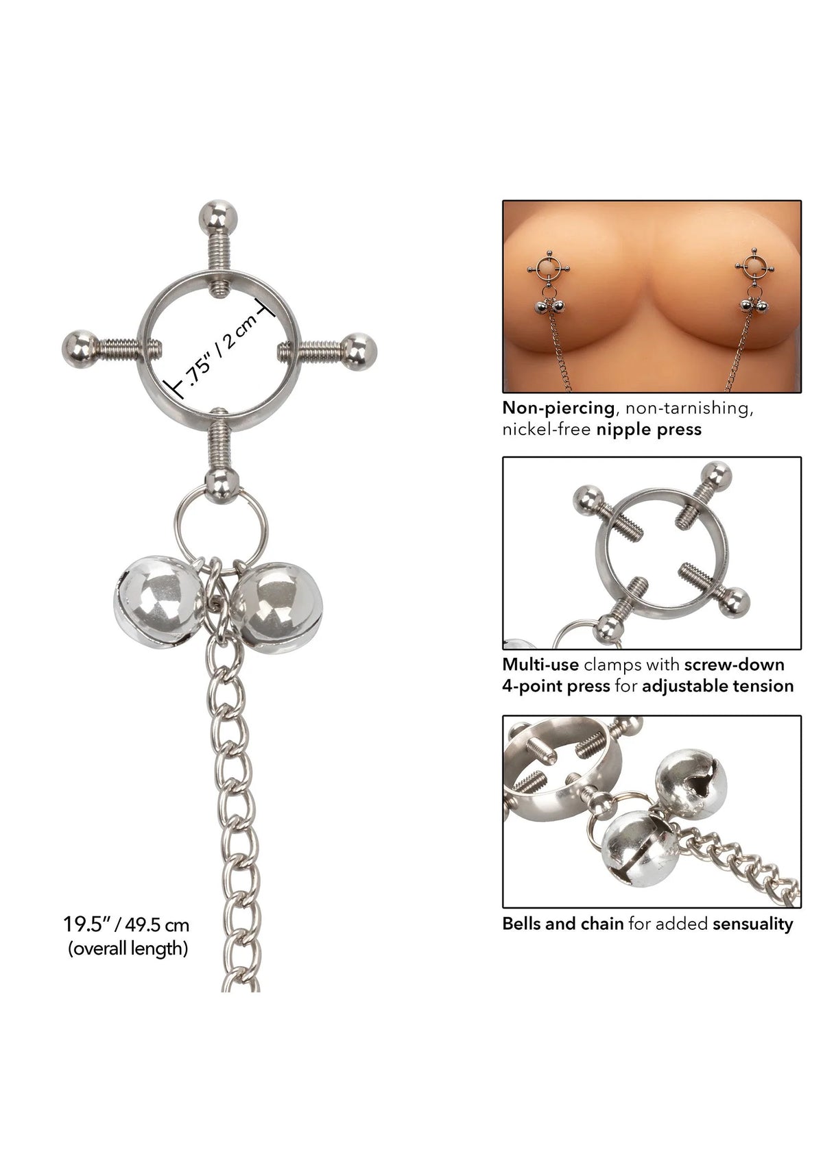 Vierpunts nippelklemmen met belletjes en ketting, niet-penetrerend, nikkelvrij metaal