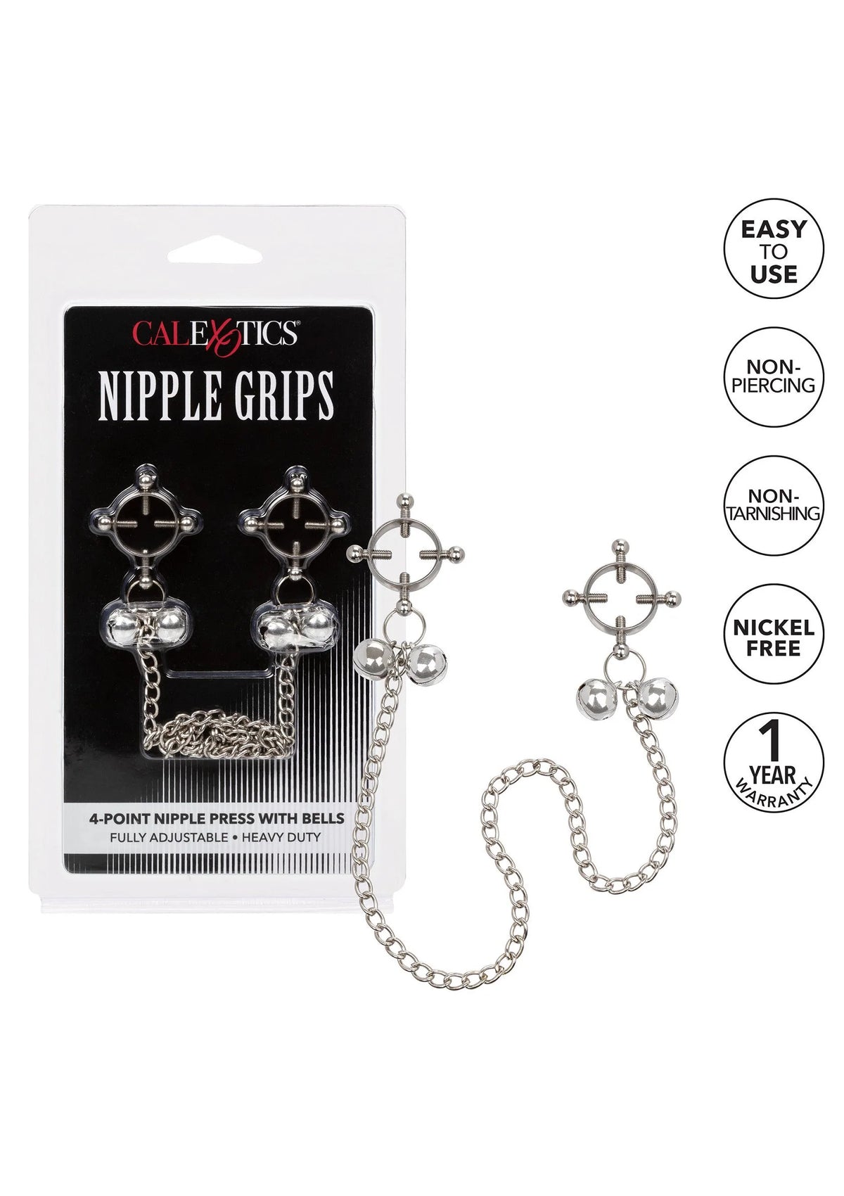Verpakte nippelklemmen met belletjes, zilverkleurige metalen klemmen en ketting set