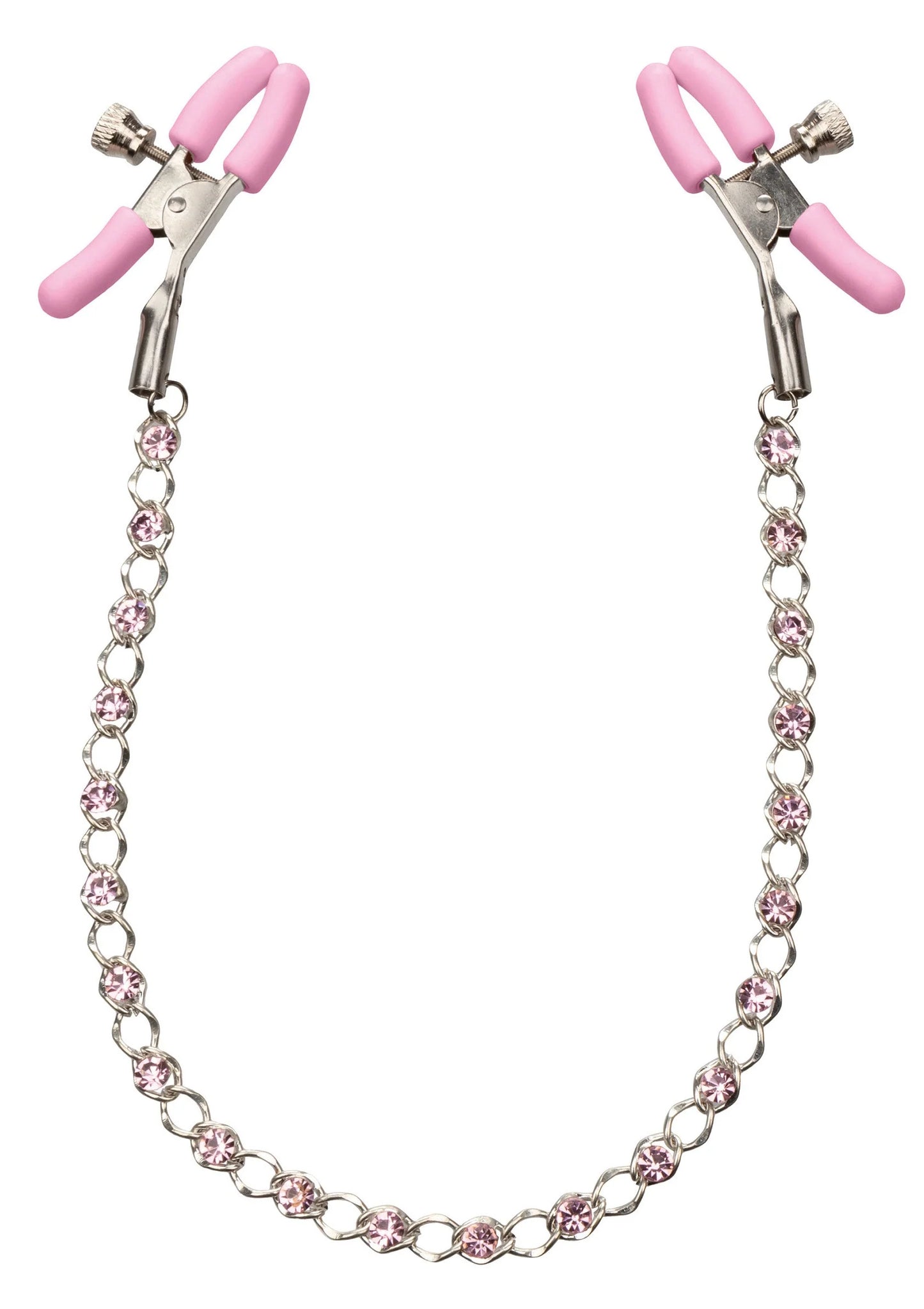 Nipple clamps met roze siliconen klemmen en kristallen ketting, symmetrisch gefotografeerd
