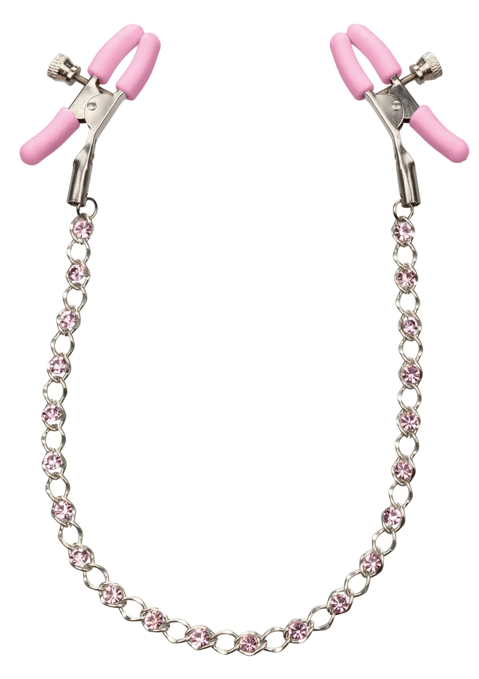 Nipple clamps met roze siliconen klemmen en kristallen ketting, symmetrisch gefotografeerd