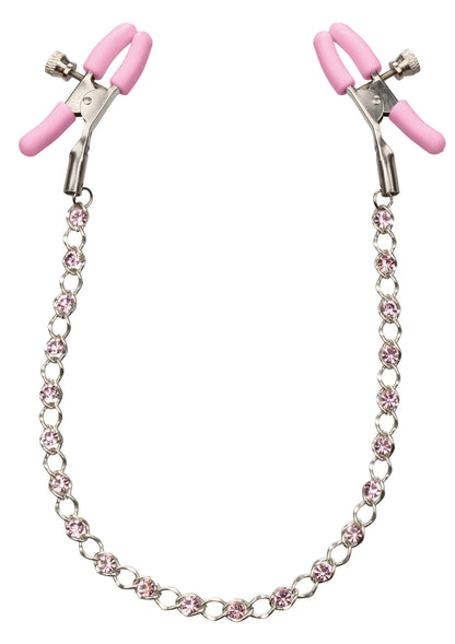 Nipple clamps met roze siliconen klemmen en kristallen ketting, symmetrisch gefotografeerd