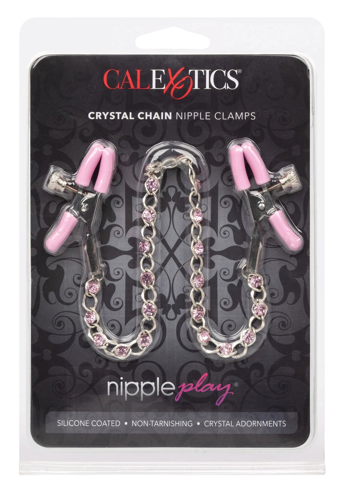 CalExotics nipple clamps met kristallen ketting en roze klemmen, verpakking vooraan