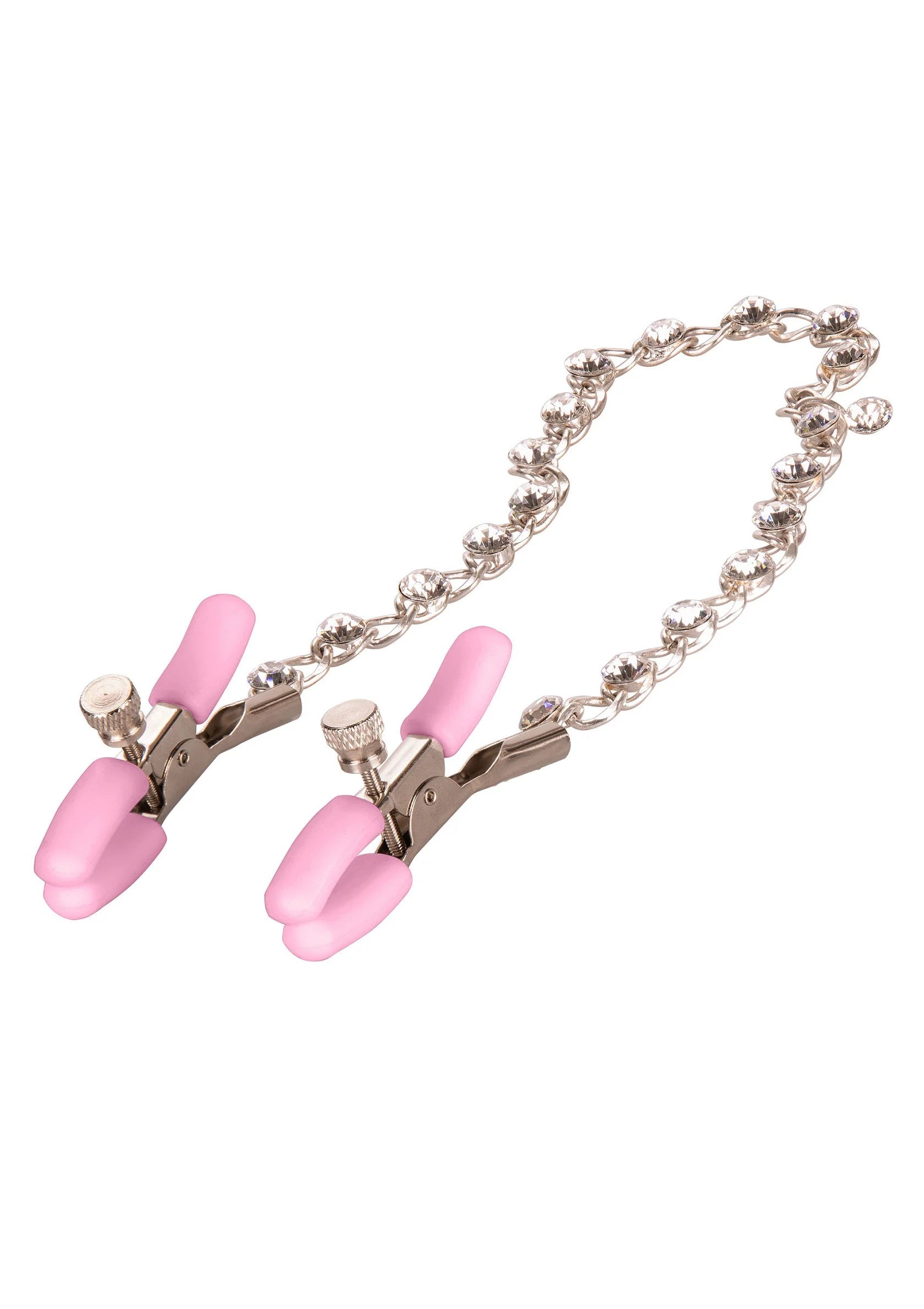 Tepelknijpers met roze kappen en zilverkleurige ketting met kleine glinsterende kralen