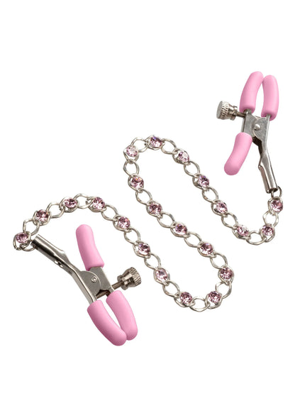 Nipple clamps met roze klemmen en kristallen ketting, schuine hoek met kettingschakels