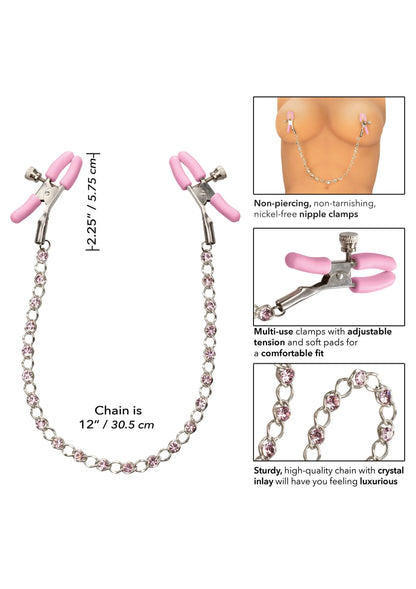Nipple clamps met roze klemmen en kristallen ketting, afmetingen en inzetdetails