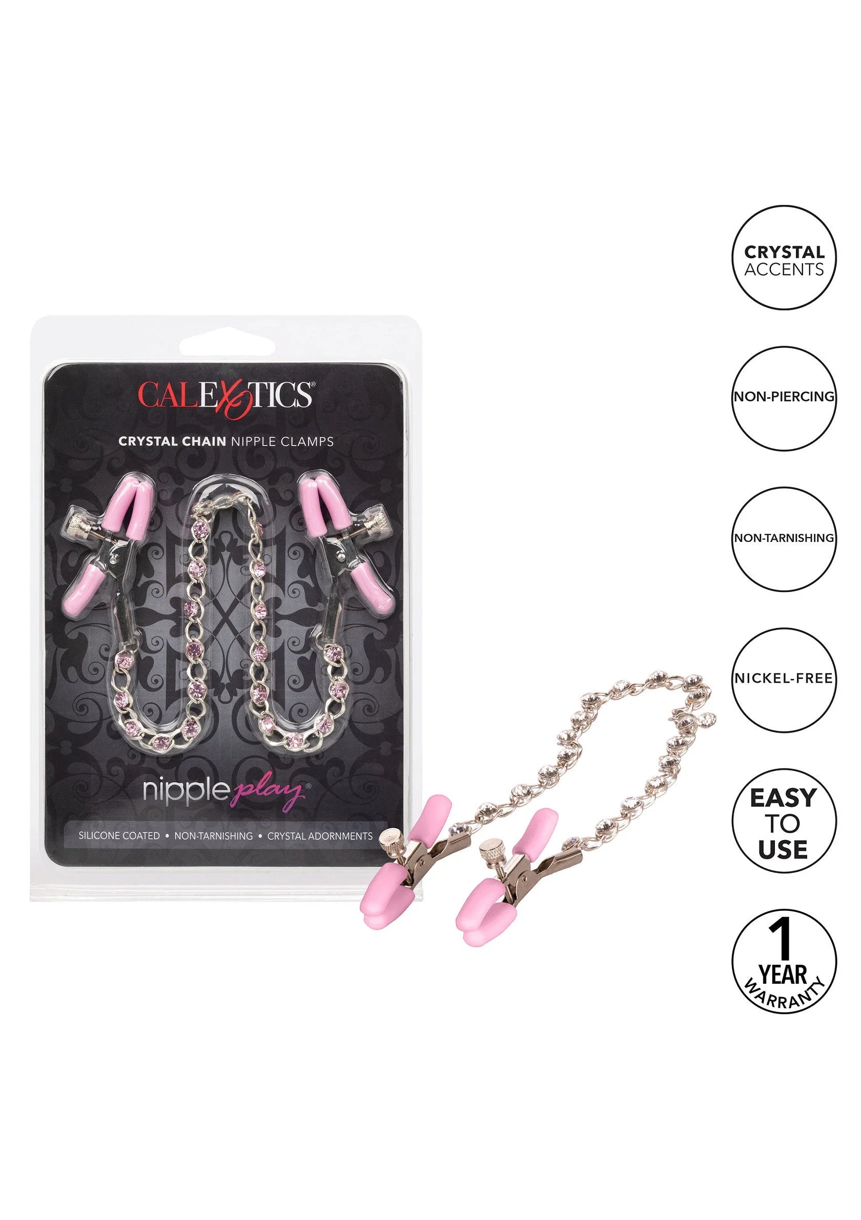 Kristallen ketting tepelknijpers met roze siliconen kappen en zilverkleurige ketting, CalExotics