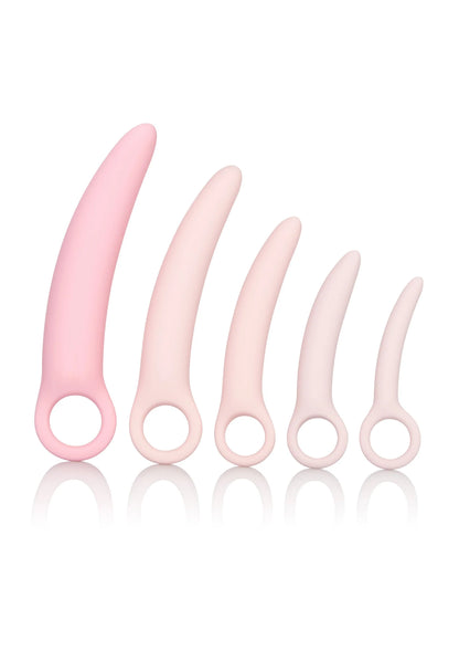 Roze siliconen dilator-set (5 stuks) met ronde lus, oplopende lengte en glad oppervlak.