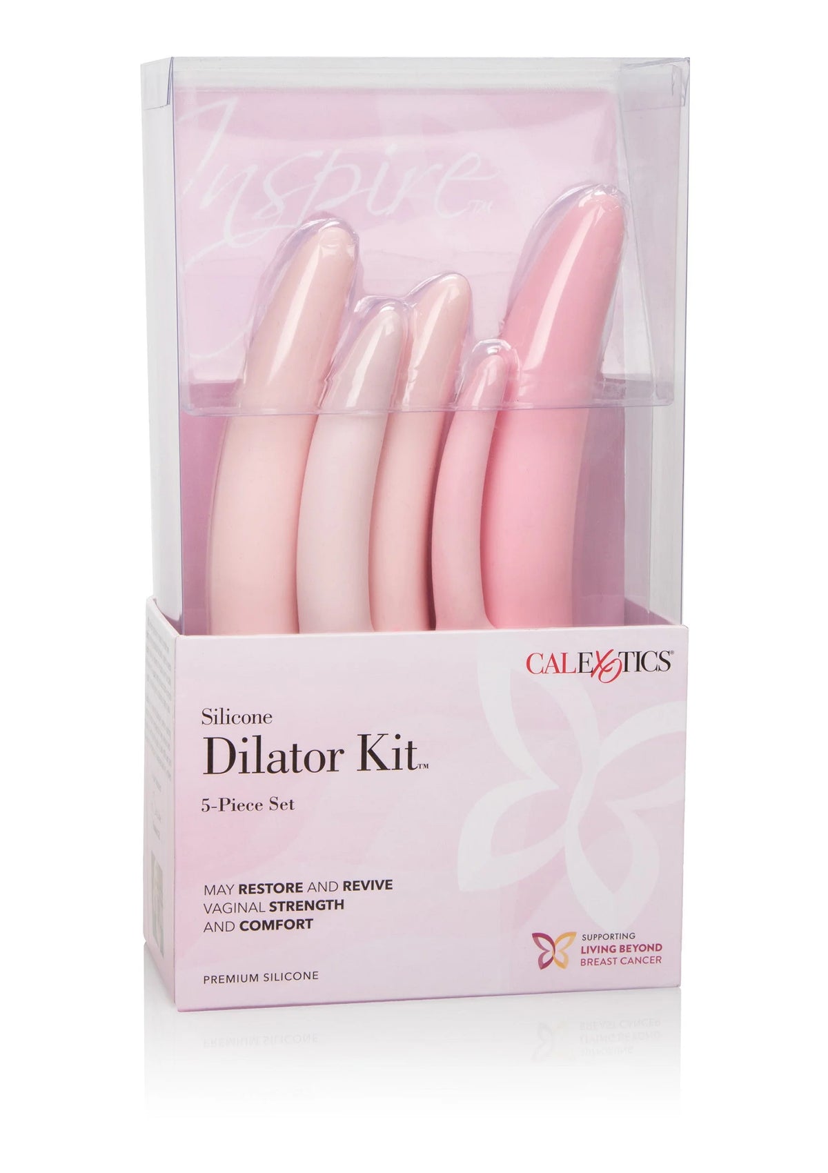 Verpakte CalExotics Inspire siliconen dilator kit met 5 stuks, roze siliconen exemplaren.