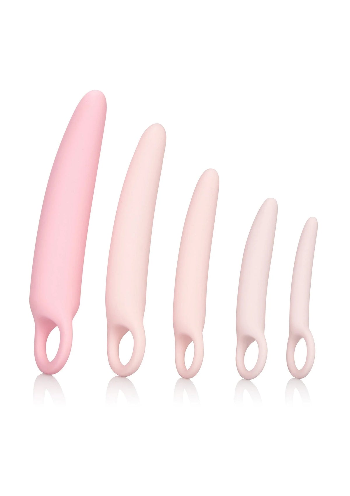 Roze siliconen dilator-set met 5 dilators van verschillende lengte, elk met ronde lus.