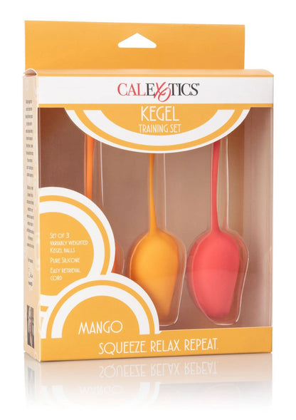 Kegel trainingsset Mango verpakking met drie siliconen kegels in oranje en rood