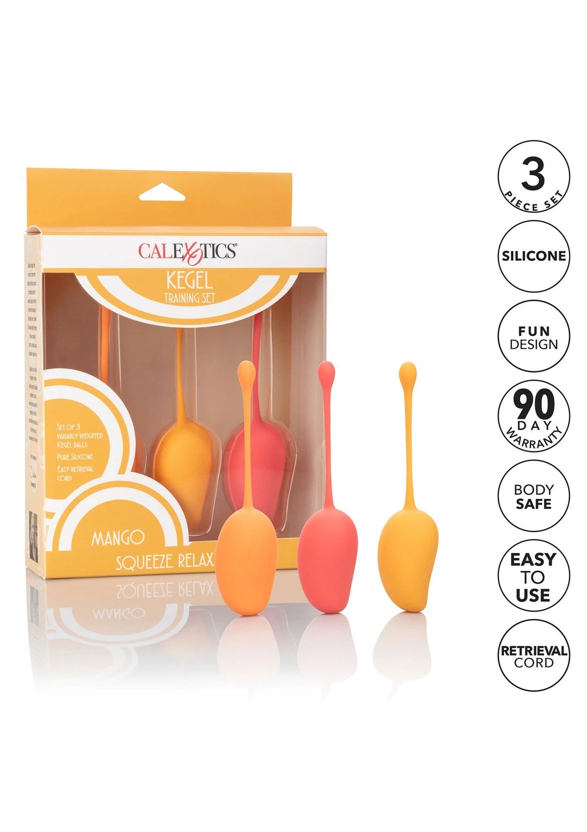 Kegel trainingsset Mango doos met drie siliconen kegels en ronde voordeeliconen
