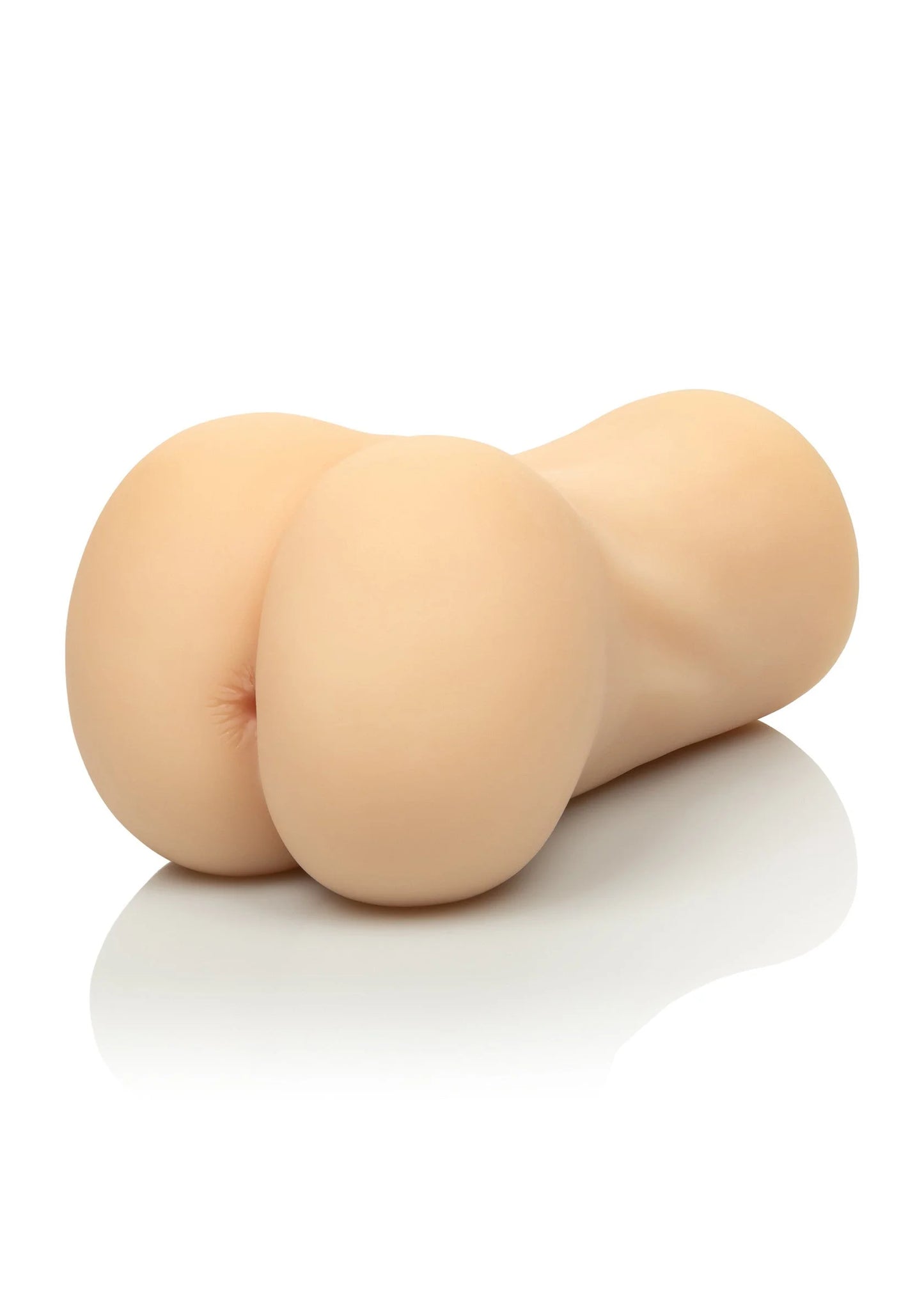 Naaktkleurige siliconen masturbator met ronde billen, schuine zijaanzicht