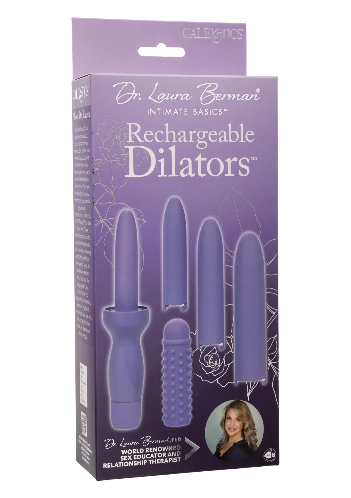 CalExotics verpakking voor oplaadbare paarse dilators met setafbeeldingen.