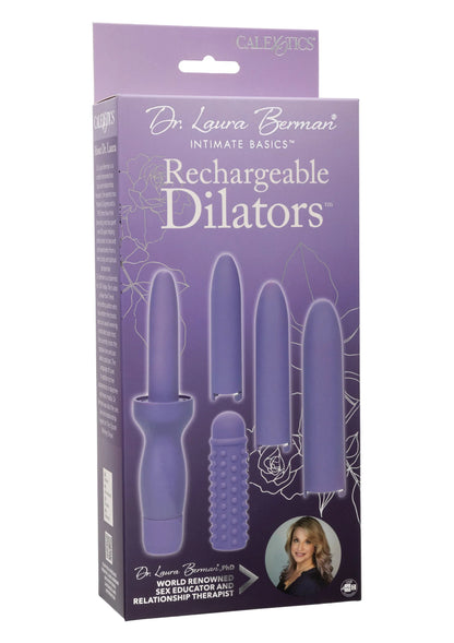 CalExotics verpakking voor oplaadbare paarse dilators met setafbeeldingen.