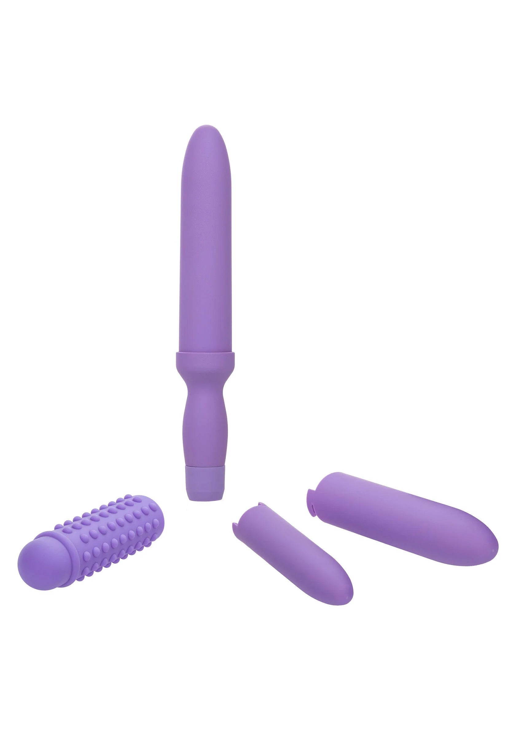 Oplaadbare paarse dilator en losse opzetstukken met textuur.