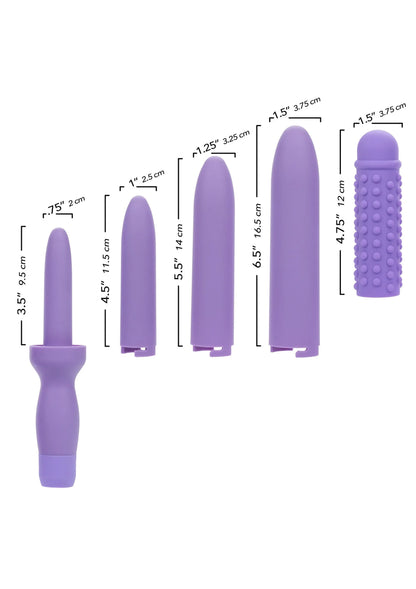 Diagram met paarse oplaadbare dilators van meerdere maten en afmetingen.