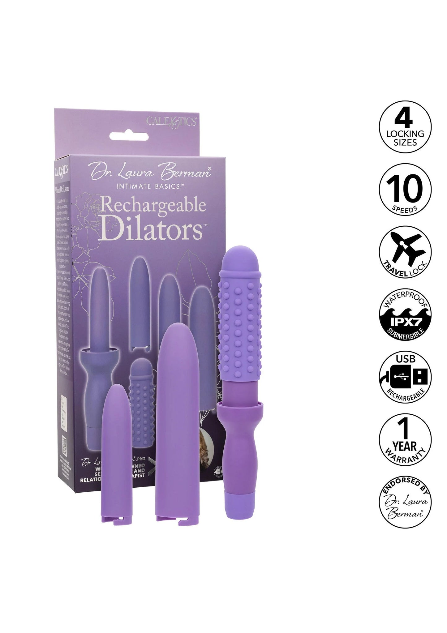 CalExotics doos met oplaadbare paarse dilators en setillustratie.