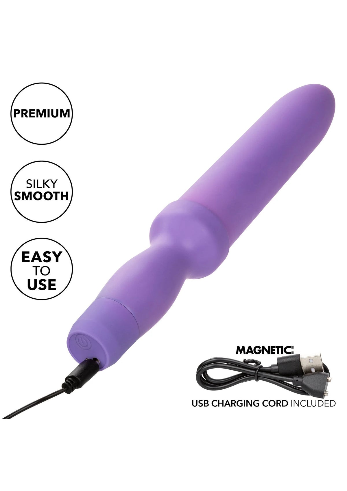Paarse oplaadbare dilator met glad oppervlak en USB-oplaadsnoer.