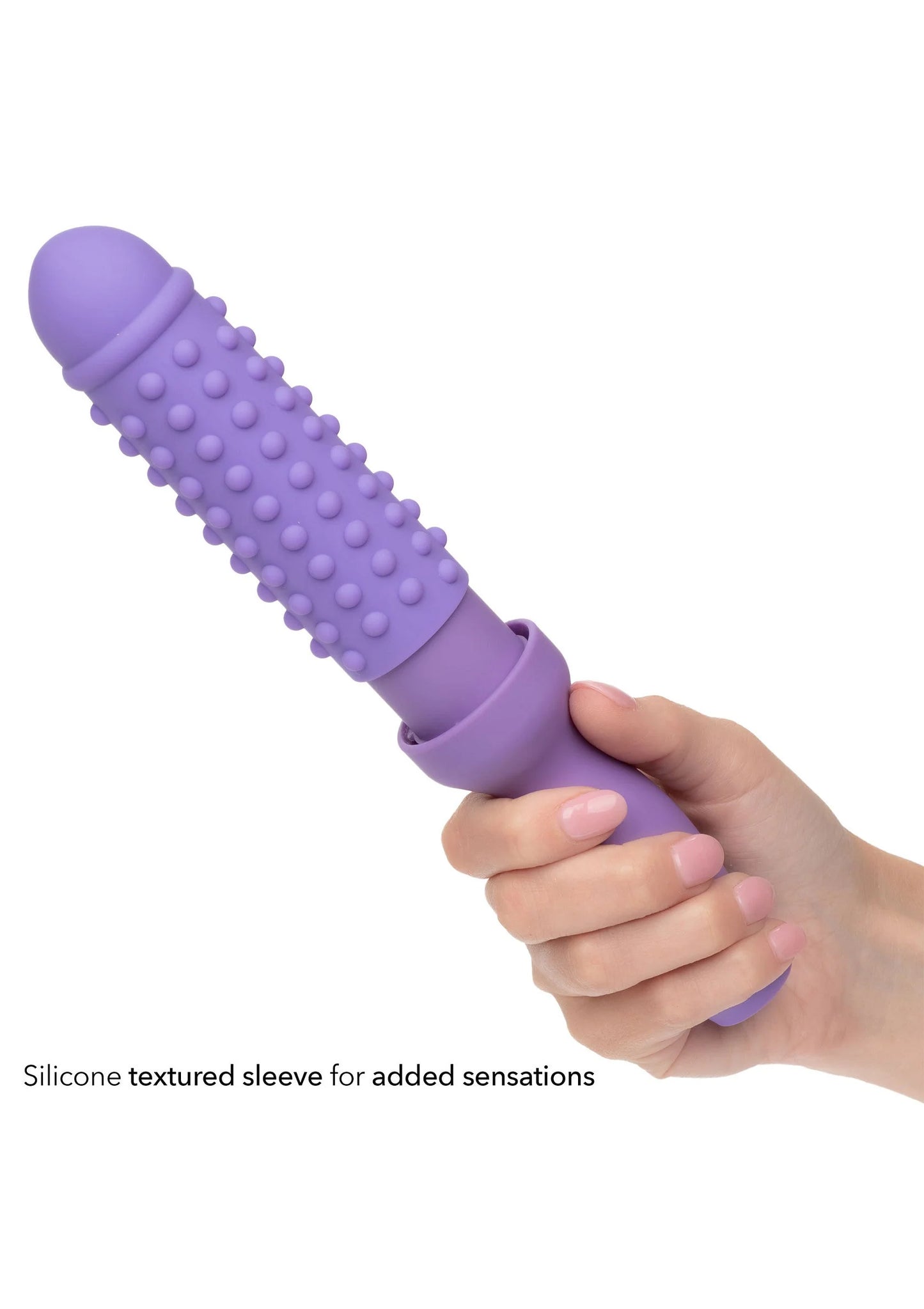 Paarse siliconen getextureerde sleeve voor extra gevoel, in hand.