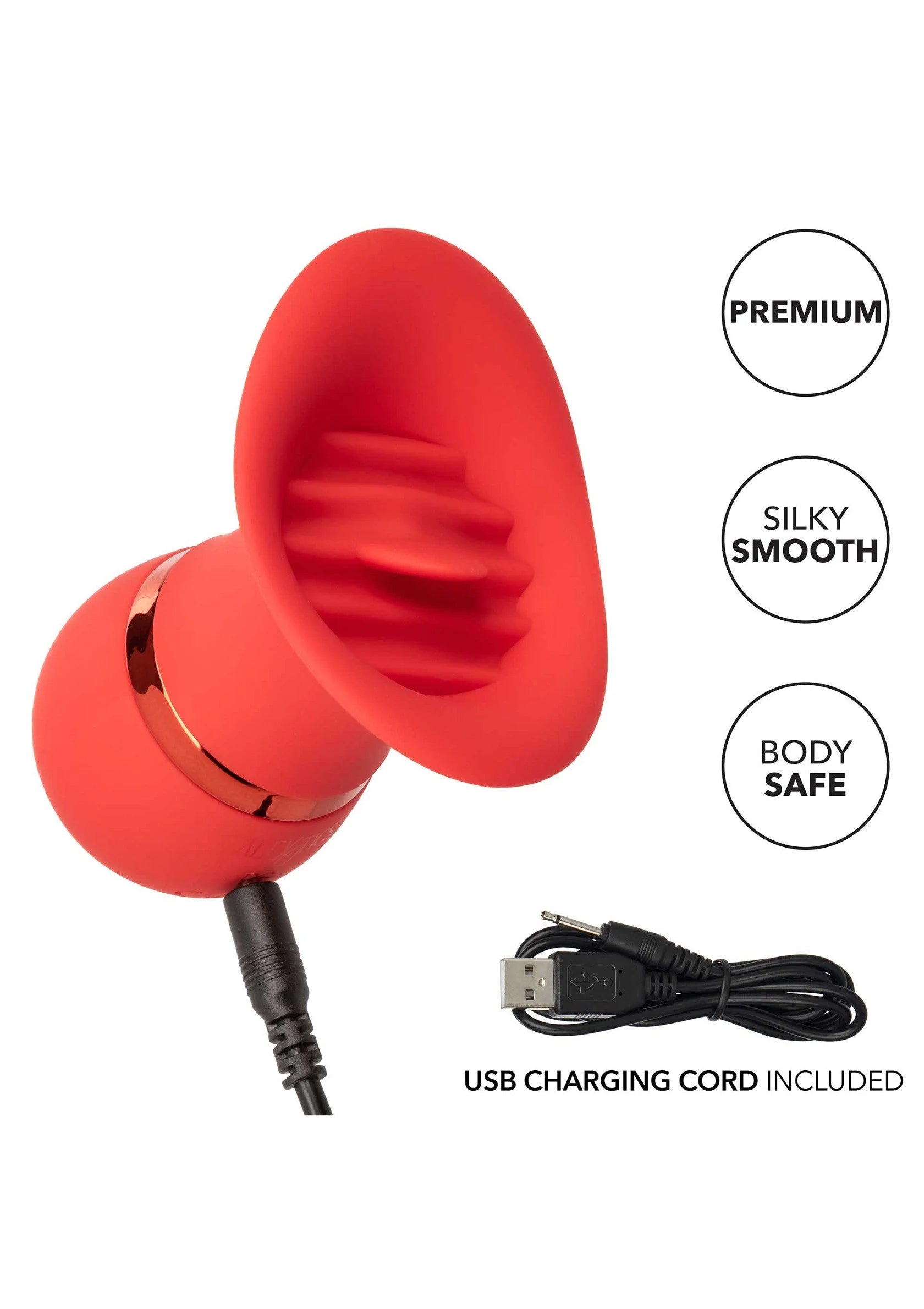 Rode teaser-vibrator met brede kop en gouden ring, met USB-oplaadkabel