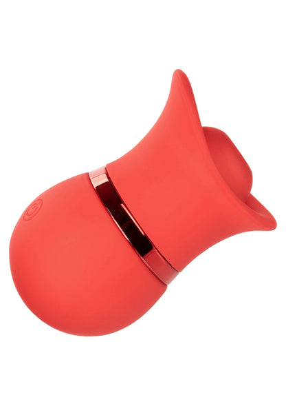 Rood siliconen apparaat met opstaande rand en goudkleurige sluitring
