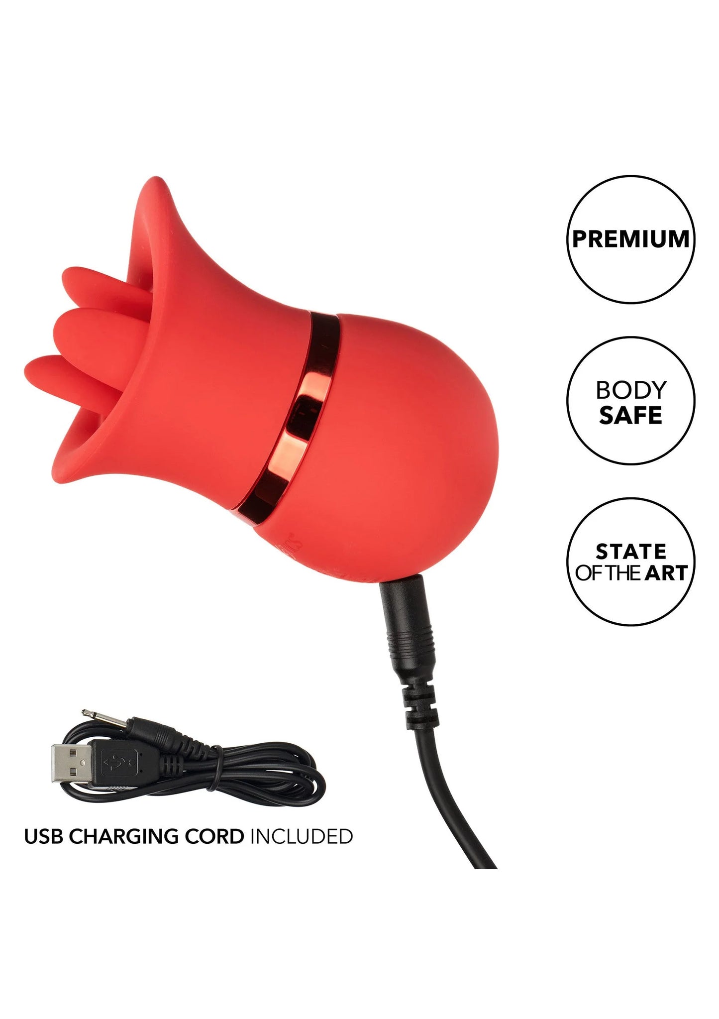 Rood siliconen zuigapparaat met opstaande rand en USB-oplaadkabel