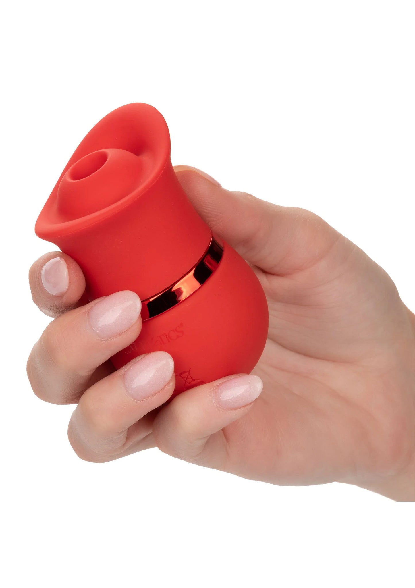 Rood siliconen opzetstuk in hand met goudkleurige ring en korte hals