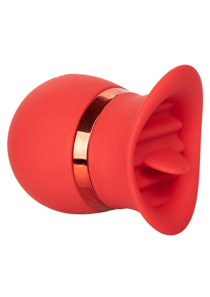 Rode siliconen kussenachtige tepel/vibrator met goudkleurige ring en open rand
