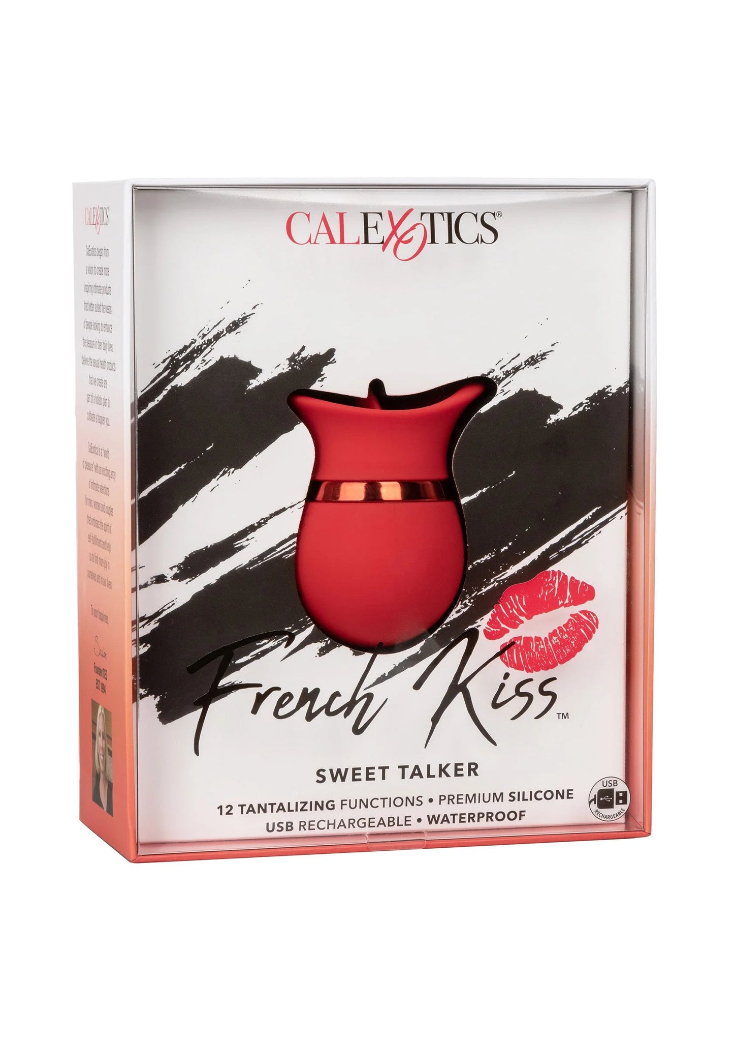 Verpakkingsdoos met CalExotics logo en rood siliconen apparaat