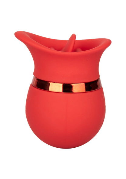 Rode siliconen kussenachtige tepel/vibrator met goudkleurige ring en riffelstructuur