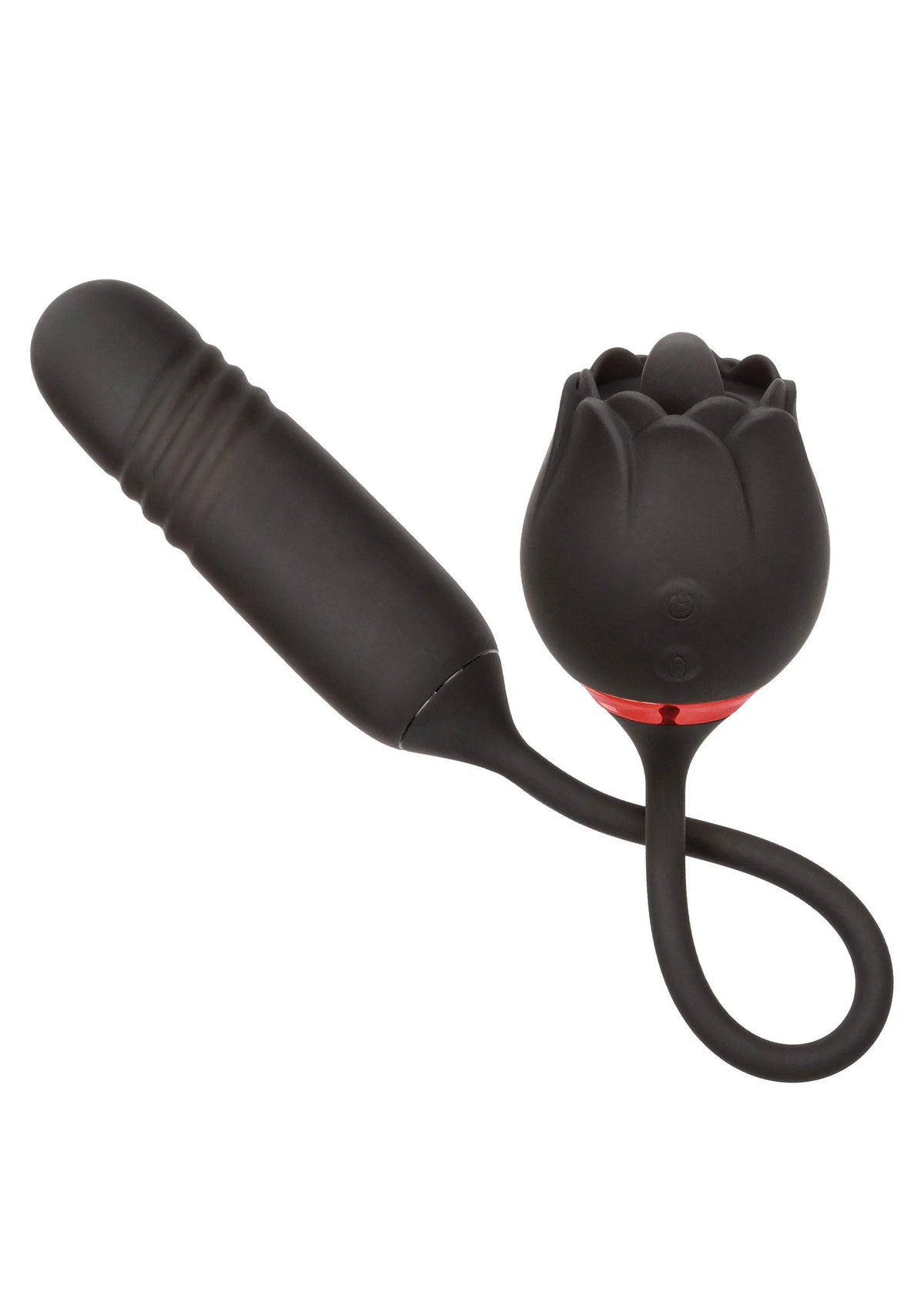 Zwarte vibrator met dubbele kop, Y-vormige basis en brede steel