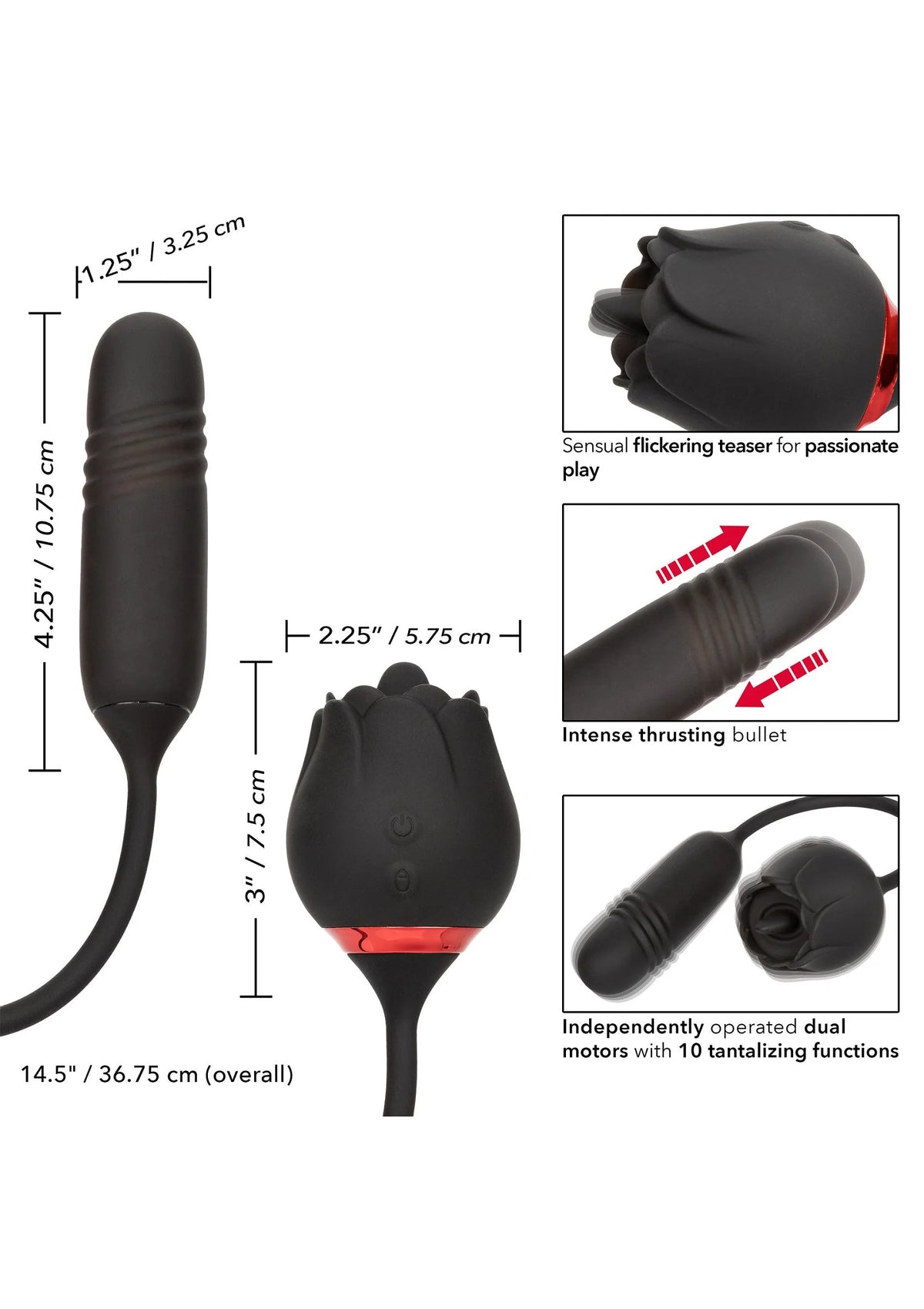Zwarte vibratorset met afmetingen: staaf, tulpvormige kop en lusvormige kabel.
