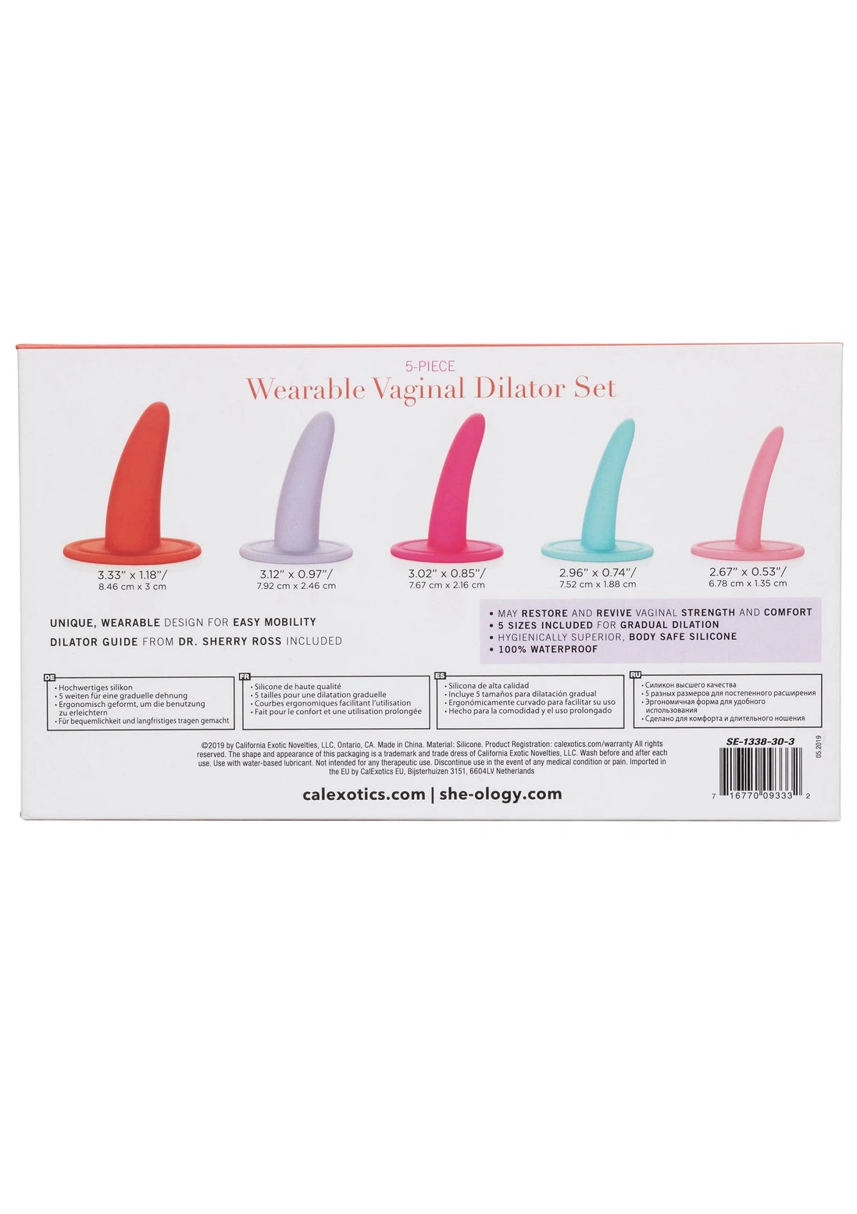 Achterzijde verpakking van she-ology 5-delige draagbare vaginale dilator set
